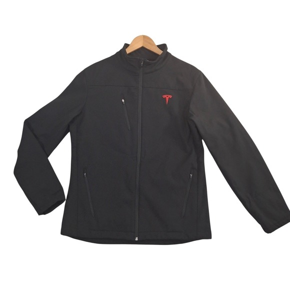Tesla Motors Softshell Jacket Mens Medium Black Full Zip Red Logo TSL4005BK